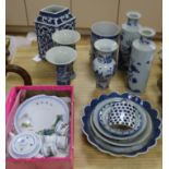 A quantity of mixed blue and white Chinese ceramics tallest 23cm