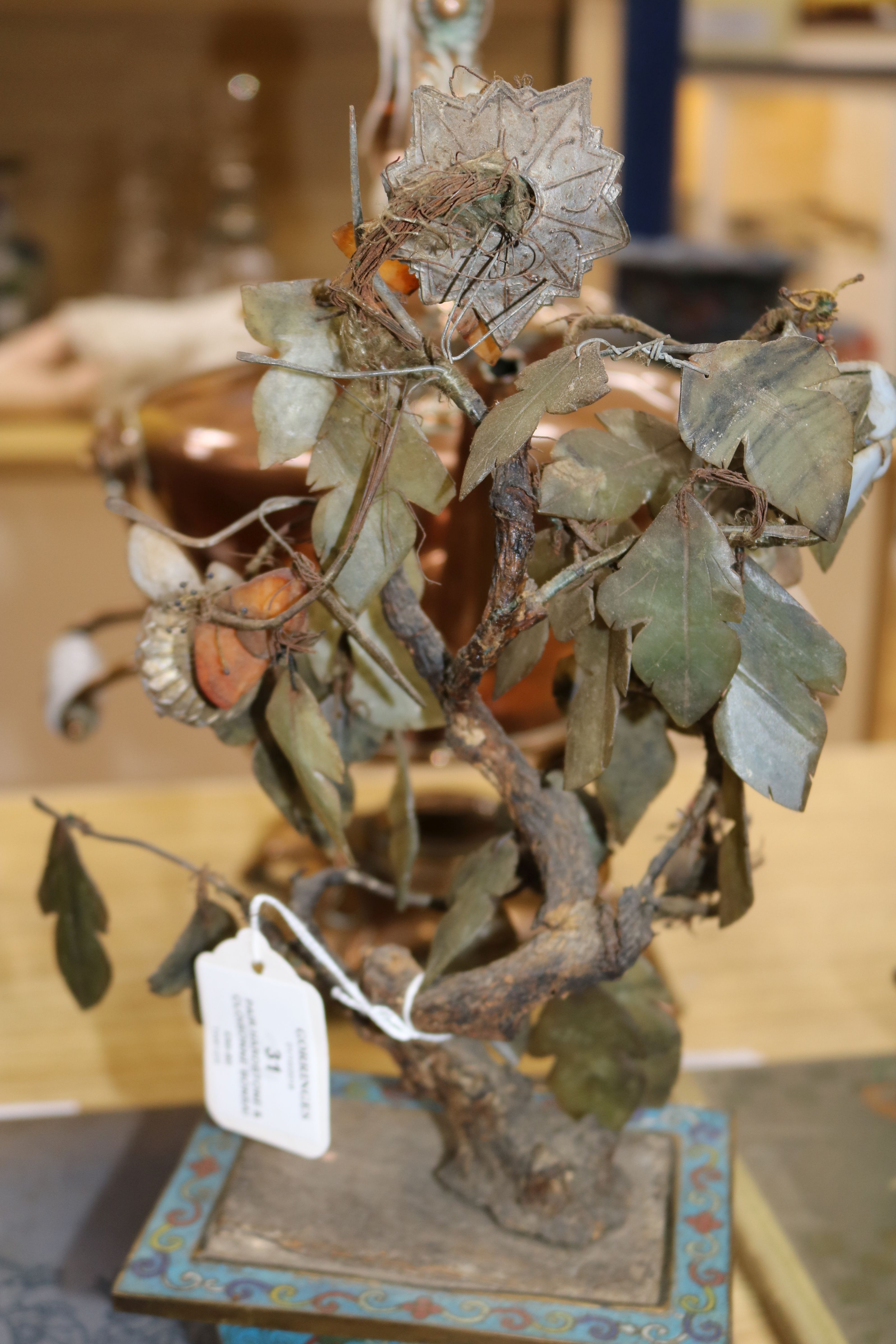 A pair of Chinese jade and hardstone 'bonsai' trees in cloisonne jardinieres (a.f.), H 33cm approx - Image 9 of 9