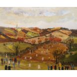 John Paddy Carstairs (1916-1970), School cross-country racing, signed, oil on board, 49 x 59.5cm