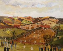 John Paddy Carstairs (1916-1970), School cross-country racing, signed, oil on board, 49 x 59.5cm