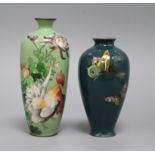 A Japanese Ginbari enamelled vase decorated with a cockerel on a green ground and a smaller vase