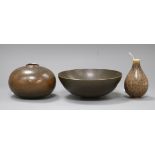 Three items of Danish studio pottery, all glazed in earth tones, including a bowl by Per Linnemann-