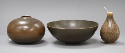Three items of Danish studio pottery, all glazed in earth tones, including a bowl by Per Linnemann-