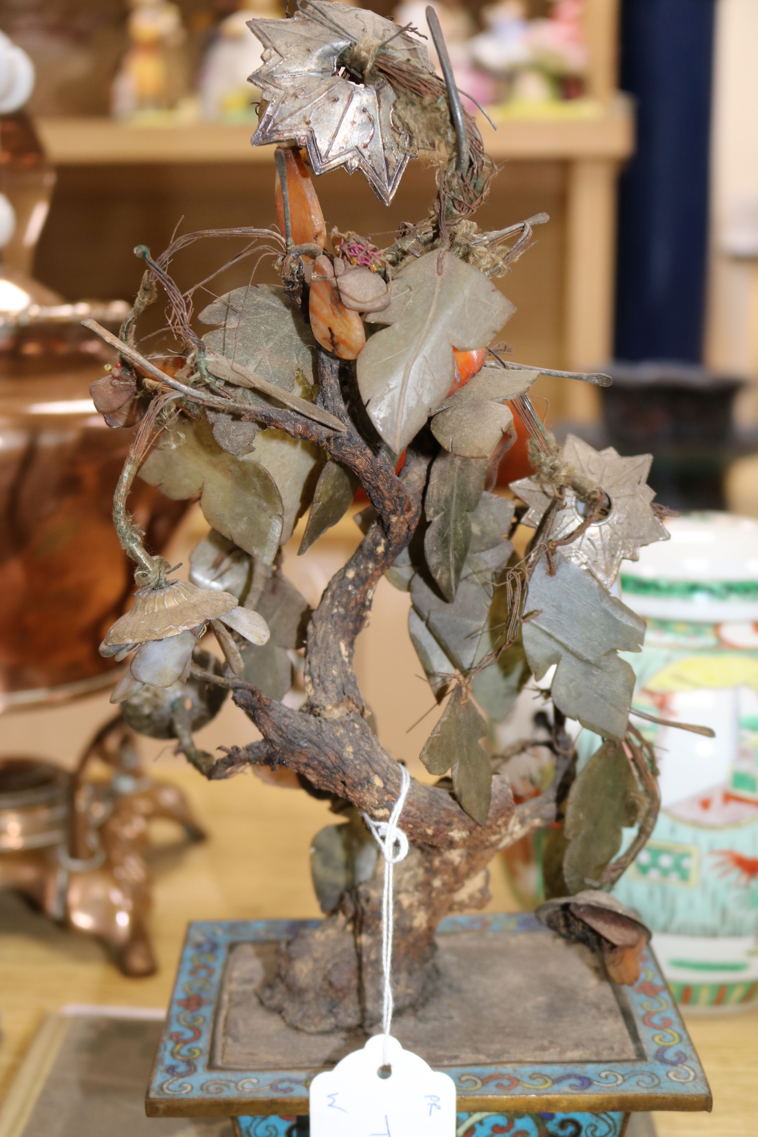 A pair of Chinese jade and hardstone 'bonsai' trees in cloisonne jardinieres (a.f.), H 33cm approx - Image 7 of 9