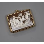 A small rectangular yellow metal mounted cameo pendant decorated with lady in a chariot with