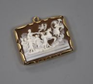 A small rectangular yellow metal mounted cameo pendant decorated with lady in a chariot with