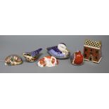 Six Royal Crown Derby flask paperweights, modelled as a cat, a dog, three birds and a country pub "