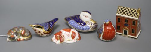 Six Royal Crown Derby flask paperweights, modelled as a cat, a dog, three birds and a country pub "