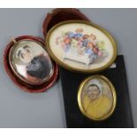 A Victorian oil on ivory miniature of a lady wearing a bonnet, in leather case and two other