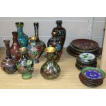 Nine various cloisonne vases, including four bottle-shaped examples, one with bold multi-coloured