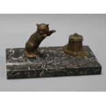 An Art Deco cat inkwell, on marble stand length 21cm