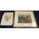 David Cox, watercolour, valley landscape, signed, 19 x 24cm and an unframed study of vines