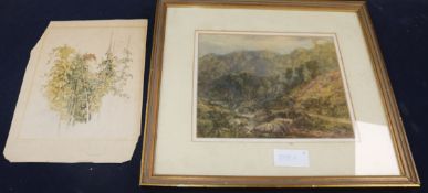 David Cox, watercolour, valley landscape, signed, 19 x 24cm and an unframed study of vines