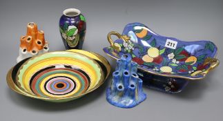 A pair of Carlton Ware pen holders and a similar lustre fruit decorated bowl, dish and vase (5)