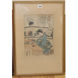 Japanese School, woodblock print, woman at a desk, 33 x 23cm and two other pictures