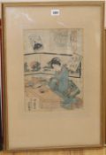 Japanese School, woodblock print, woman at a desk, 33 x 23cm and two other pictures