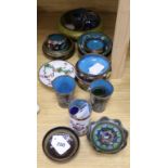 A Chinese cloisonne yellow ground shallow bowl and a collection of small cloisonne items,