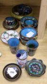 A Chinese cloisonne yellow ground shallow bowl and a collection of small cloisonne items,
