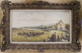 John Sanderson (18th/19th century), Race Meeting, signed, watercolour and bodycolour, 15cm x 29cm