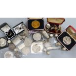 A sterling silver cigarette lighter, nine silver thimbles, a silver penknife, coins and sundries,