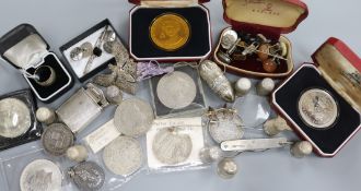 A sterling silver cigarette lighter, nine silver thimbles, a silver penknife, coins and sundries,