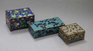 Three cloisonne rectangular cigarette boxes, each with hinged lid, including a blue ground example