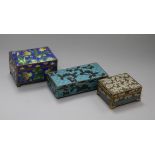 Three cloisonne rectangular cigarette boxes, each with hinged lid, including a blue ground example