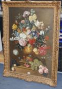 George Austin, oil, on canvas, still life of flowers in a vase on a ledge, signed and dated 1949, 83