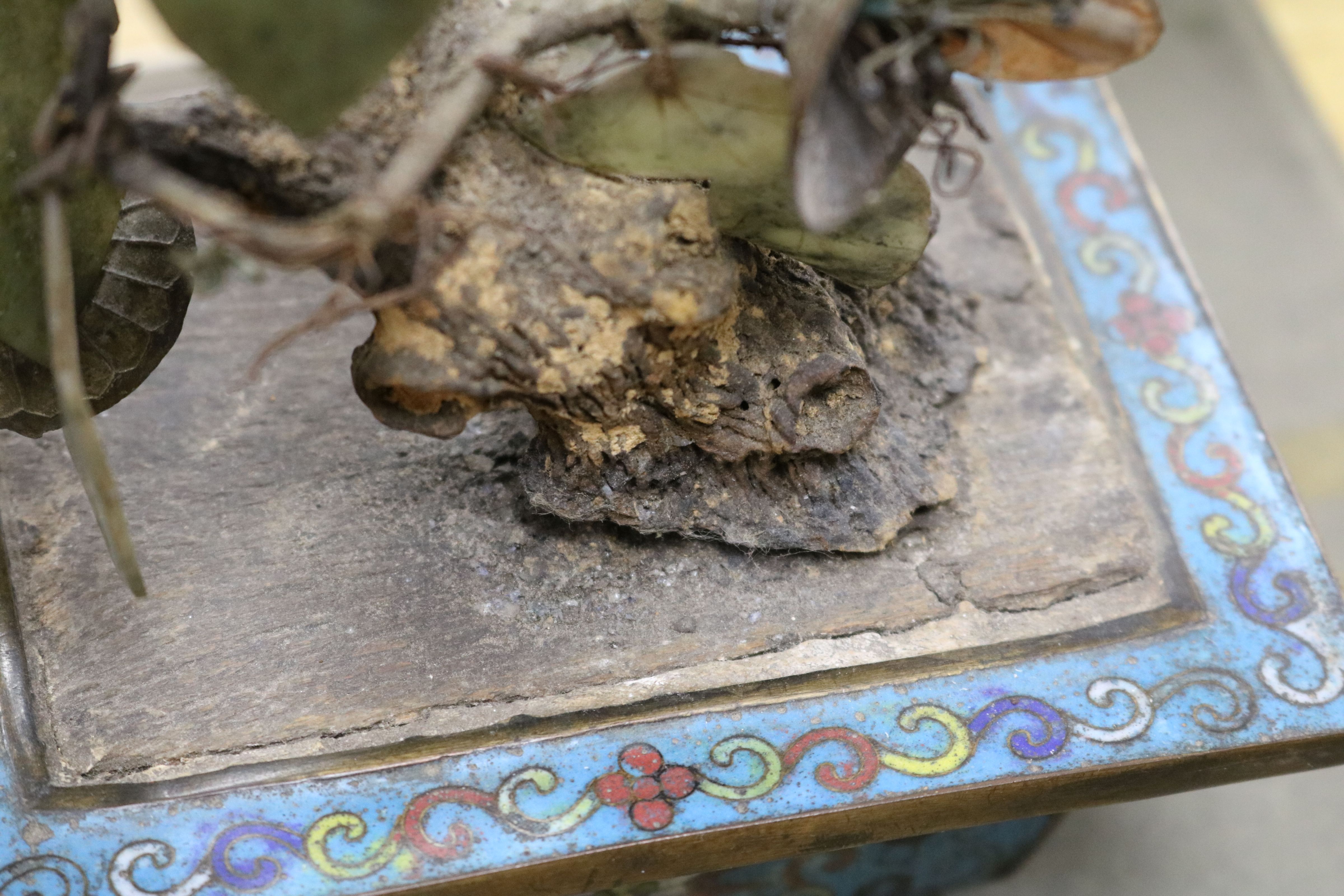 A pair of Chinese jade and hardstone 'bonsai' trees in cloisonne jardinieres (a.f.), H 33cm approx - Image 2 of 9