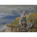 After Birket Foster, watercolour, children on a cliff top, 22 x 29cm