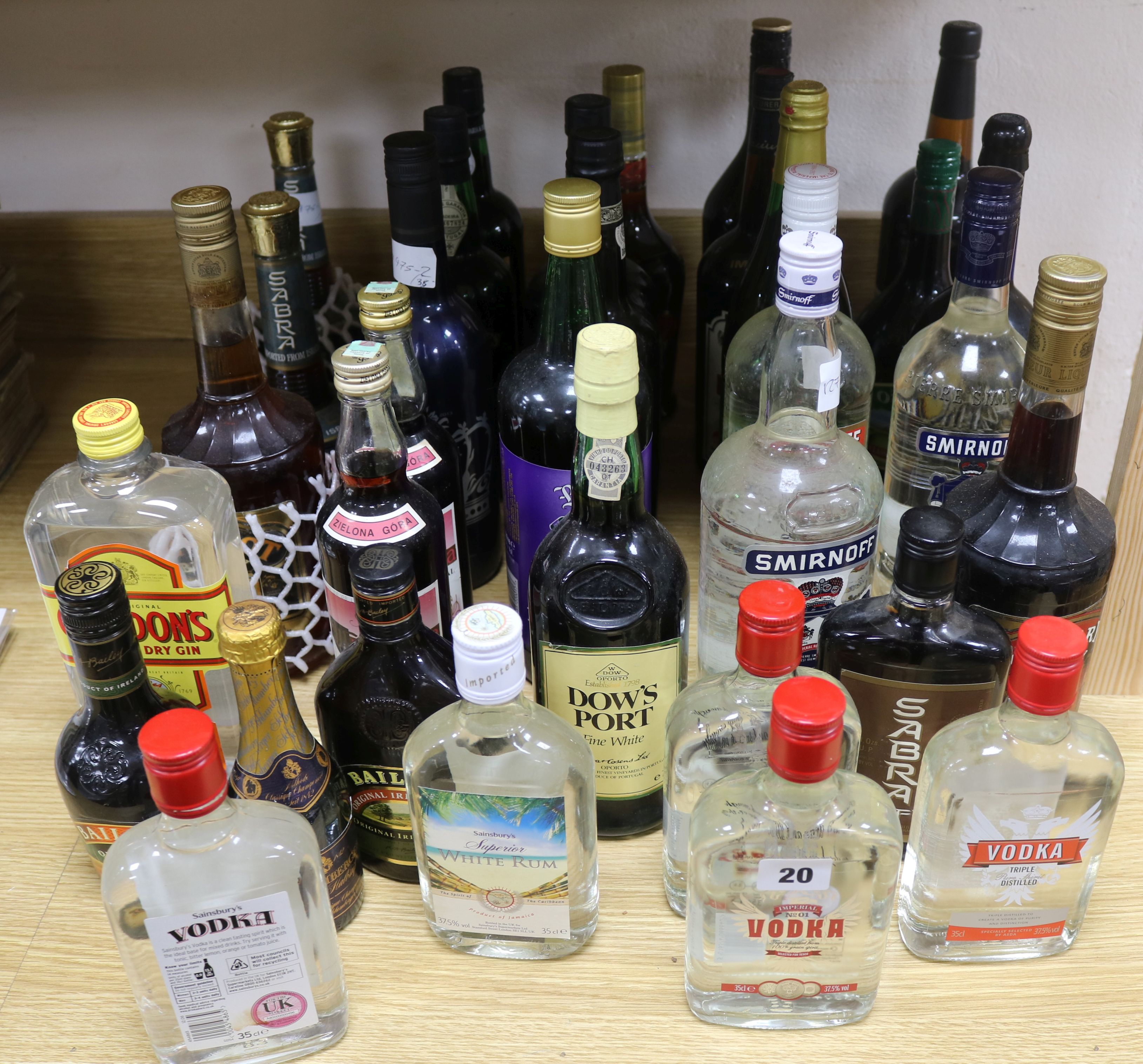 Thirty three assorted bottle of spirits, ports, sherries, liqueurs etc. including Blandy's Madeira