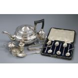 A silver teapot, a small quantity of other silver items and a 9ct gold-cased Majex wristwatch on