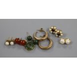 A pair of 9ct gold creole earrings, five other pairs of earrings and a jade pendant