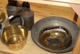 A brass preserve pan, two Toleware trays, milk churns and skimming pan