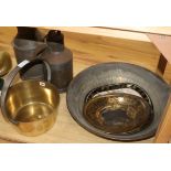 A brass preserve pan, two Toleware trays, milk churns and skimming pan