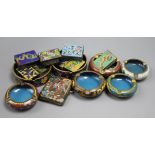 A cloisonne cigarette case, eight cloisonne match box cases and seven ashtrays, including dragon and