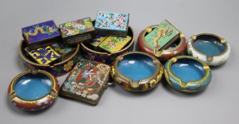 A cloisonne cigarette case, eight cloisonne match box cases and seven ashtrays, including dragon and