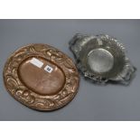 A Liberty Tudric pewter dish no.0287, and an Arts and Crafts oval copper dish length 33cm