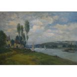 Manner of Eugene Boudin (French 1824-1898), River landscape with boats, farm buildings and