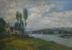 Manner of Eugene Boudin (French 1824-1898), River landscape with boats, farm buildings and