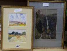 William Walls, watercolour, waterfall, 26 x 18cm and a pair of framed watercolour landscapes, 10 x