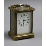 A French gilt brass carriage clock, white enamelled Roman dial, height 11cm