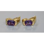 A pair of 18ct yellow gold, amethyst and diamond earrings, gross 9.4 grams.