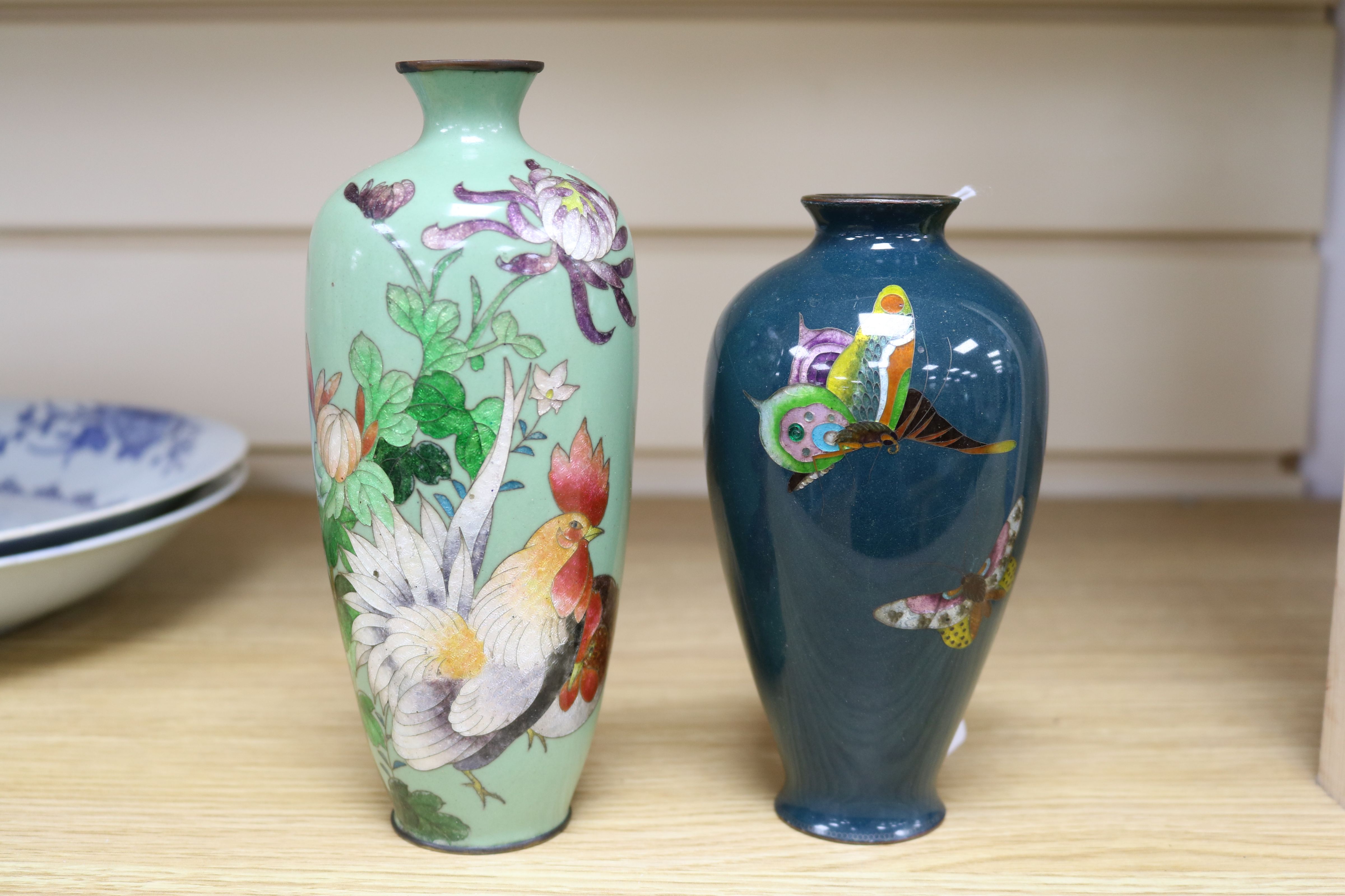 A Japanese Ginbari enamelled vase decorated with a cockerel on a green ground and a smaller vase - Image 2 of 7