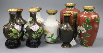 Four pairs of 20th century Japanese cloisonne enamel vases, all of baluster form, comprising a black