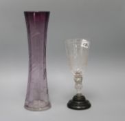 An amethyst Moser etched vase, c.1910 and an etched glass goblet tallest 31cm