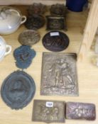 Eleven various brass and copper decorative plaques largest 24.5 x 18cm