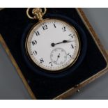 A George V 9ct gold open face keyless lever pocket watch, with original box.
