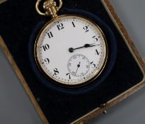 A George V 9ct gold open face keyless lever pocket watch, with original box.