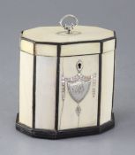 A Regency ten sided inlaid ivory tea caddy, with silver and mother of pearl inset decoration, height